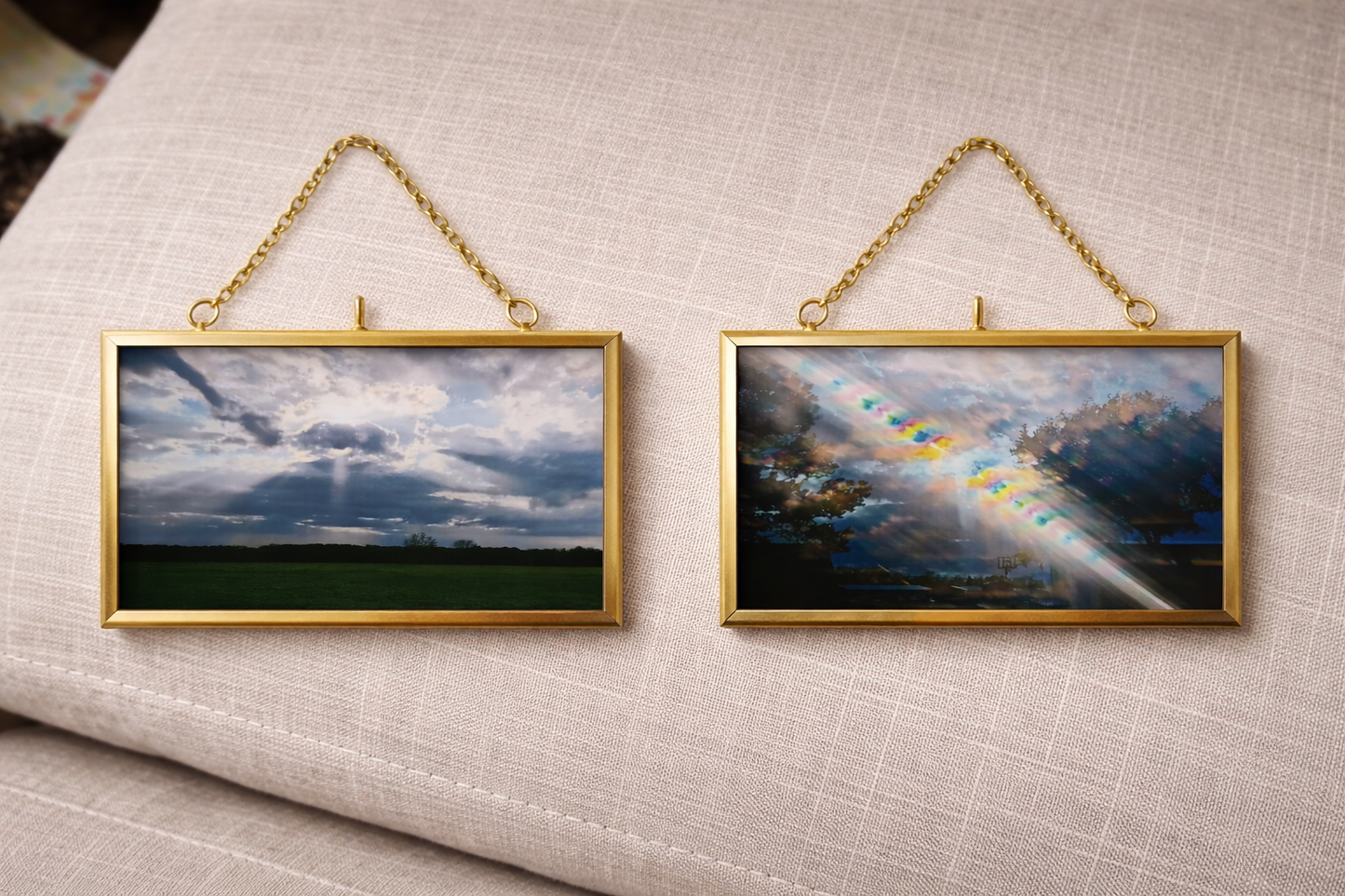 Two-print Counterpoint Set: a documentary photograph of the sun shining over a neighborhood paired with the same scene rendered through a diffraction grating in spectral rainbow color.