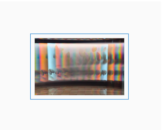Diffraction grating photograph of an etched or patterned art glass panel, rendered with rainbow spectral color.