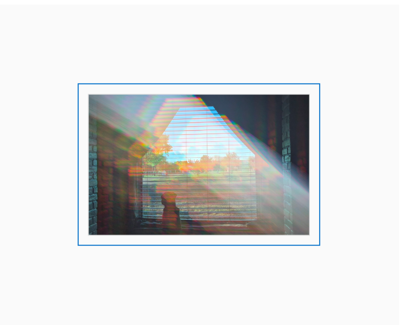 Diffraction grating photograph of a dog silhouetted in a large picture window, rendered with rainbow light effects against a domestic background.